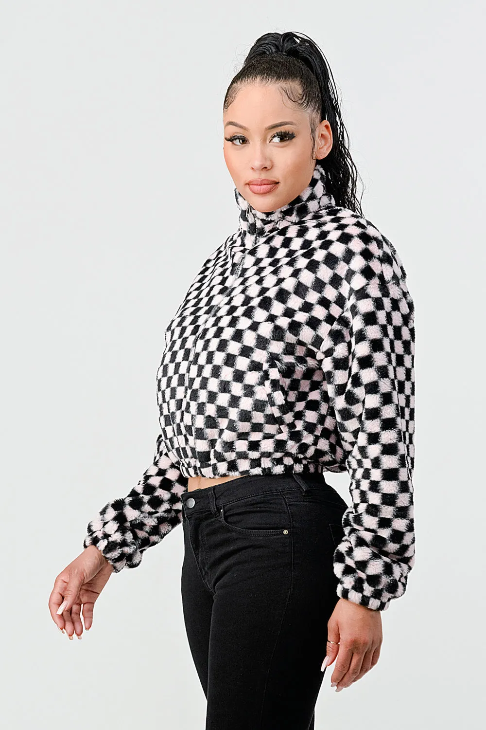 FUR CHECKER ZIPUP CROPPED BOMBER JACKETS