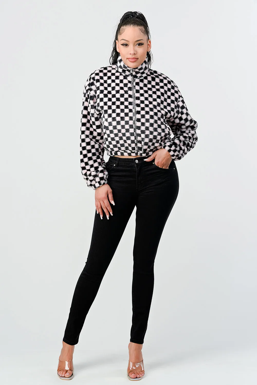 FUR CHECKER ZIPUP CROPPED BOMBER JACKETS