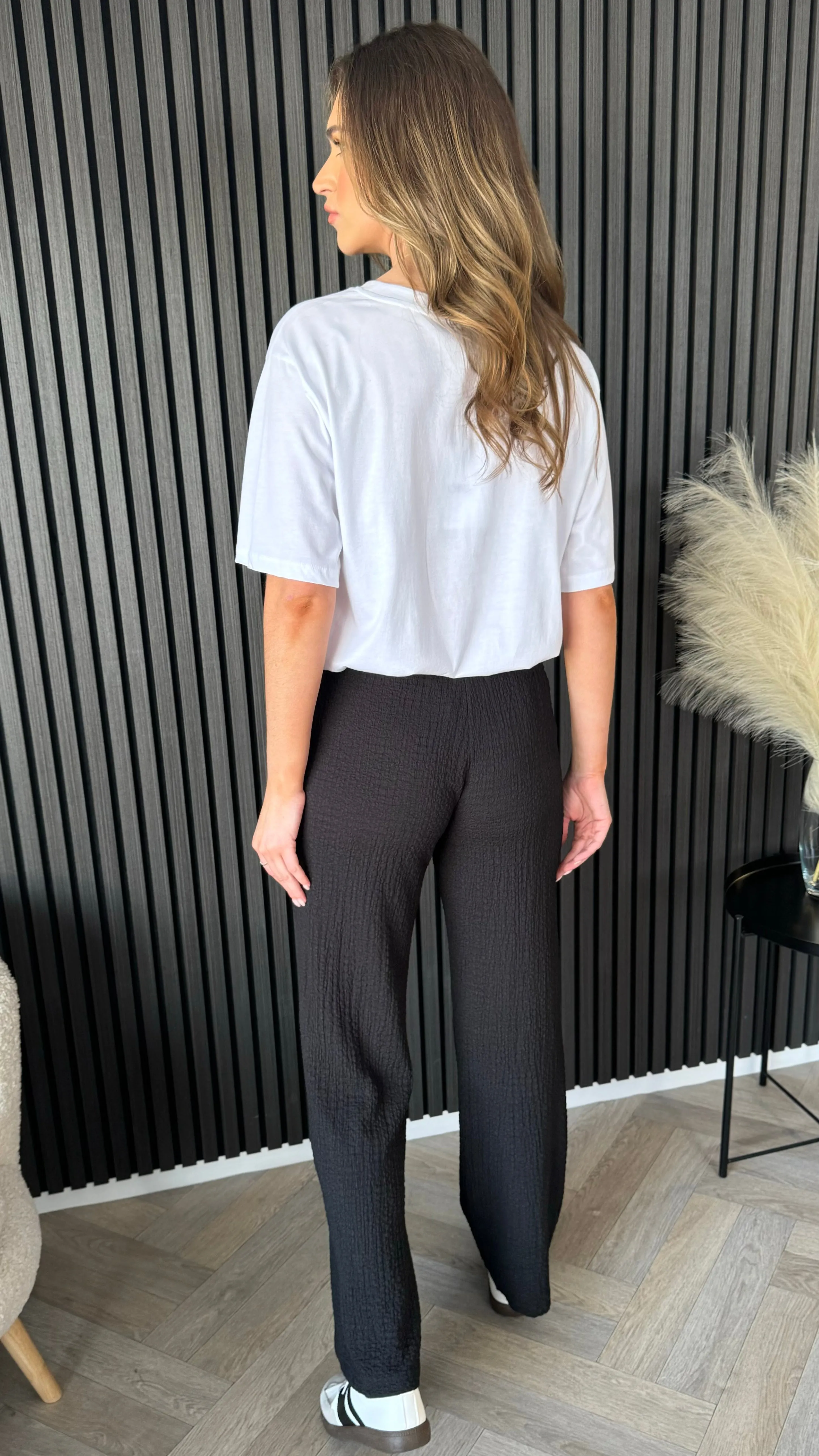Gracie Black Printed Waffle Detail Wide Leg Trousers