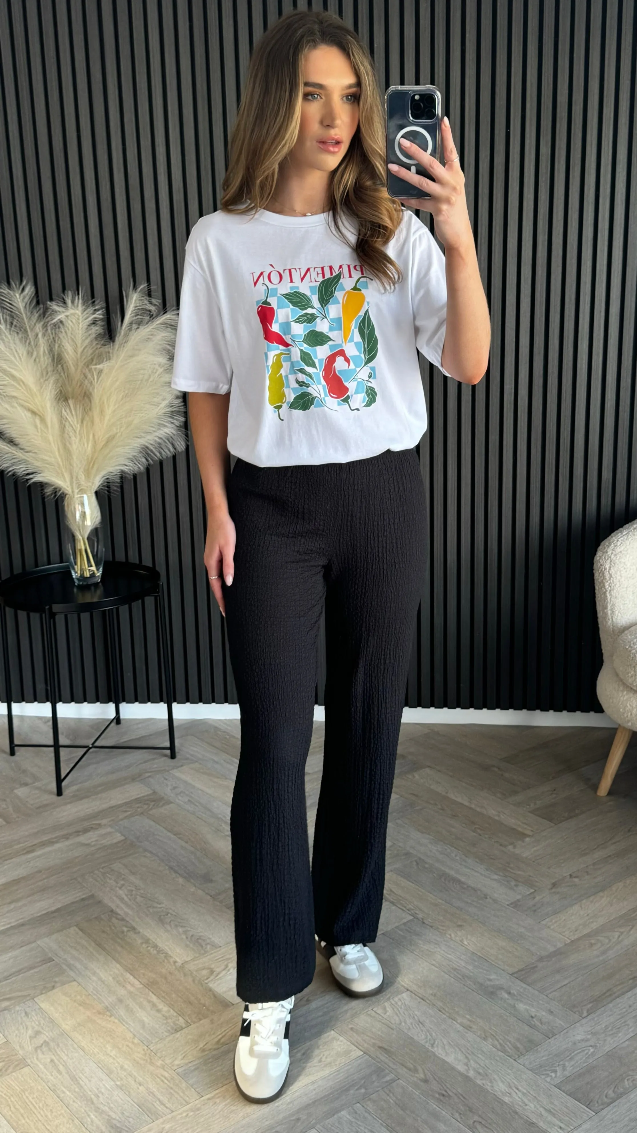 Gracie Black Printed Waffle Detail Wide Leg Trousers