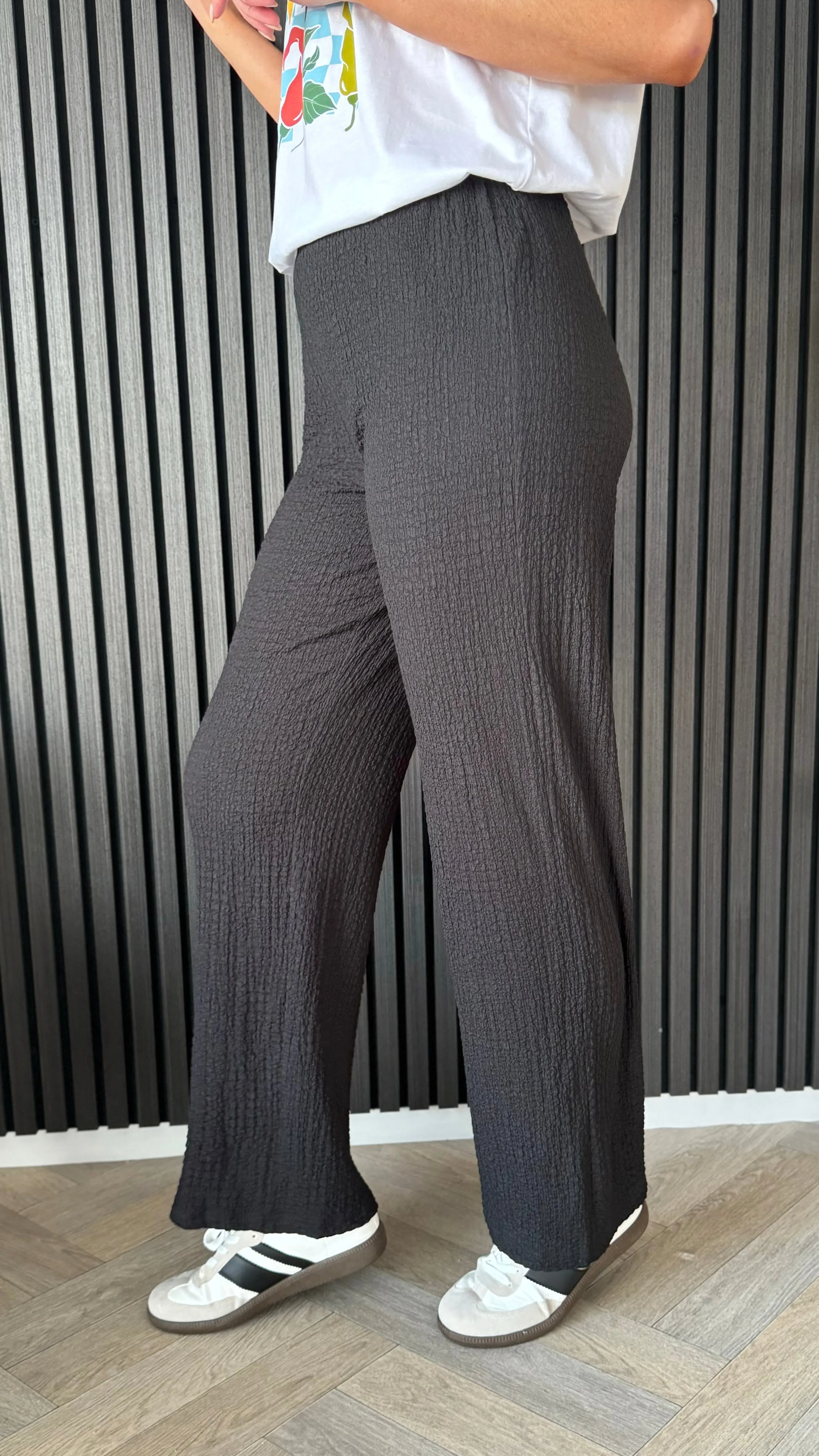 Gracie Black Printed Waffle Detail Wide Leg Trousers