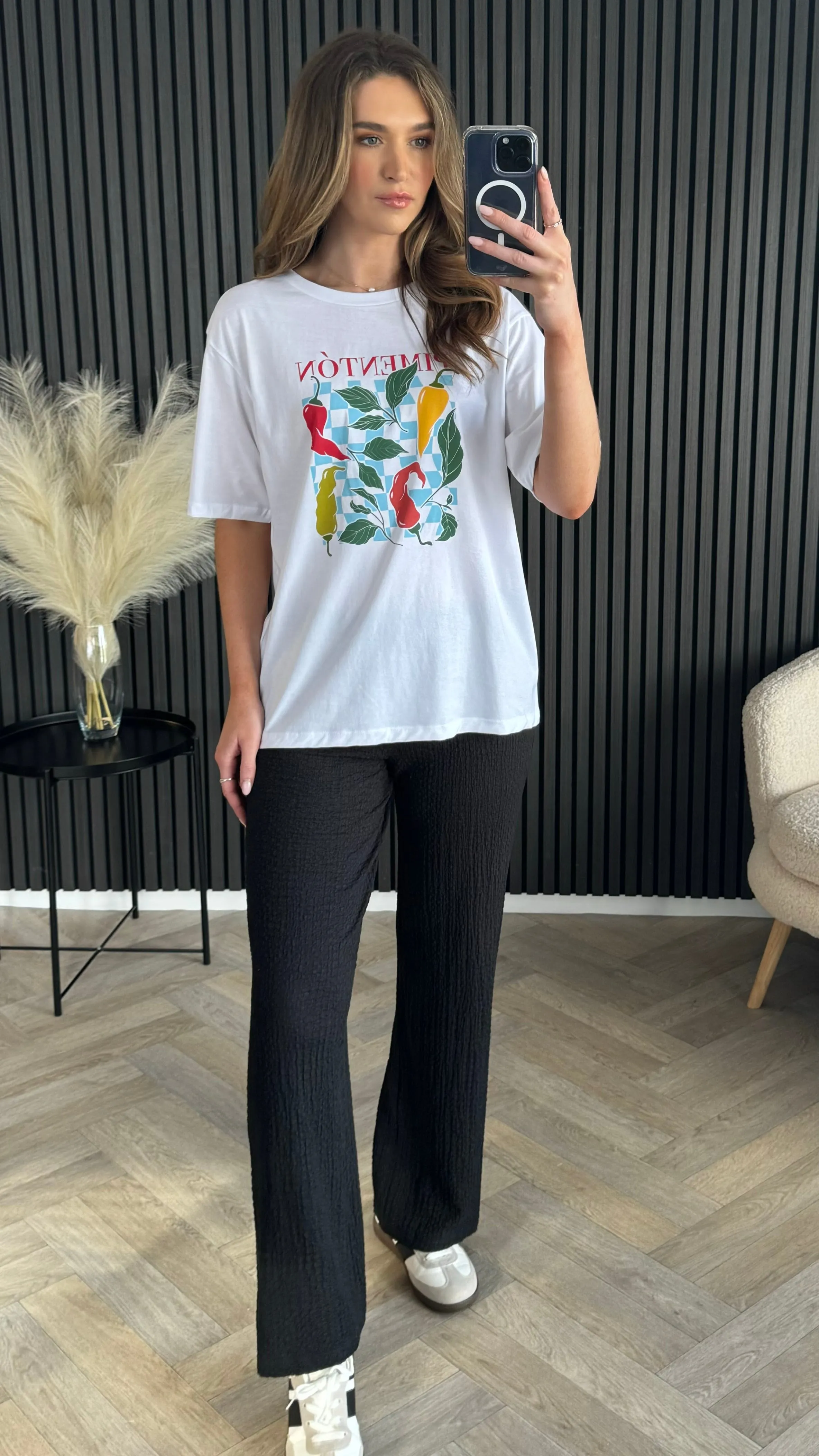 Gracie Black Printed Waffle Detail Wide Leg Trousers