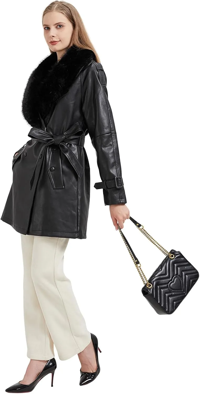GRAN ORIENTE Women's Faux Leather Trench Coat Overcoat with Detachable Fur Collar,Winter Mid Length Pea Coat Belted Jacket