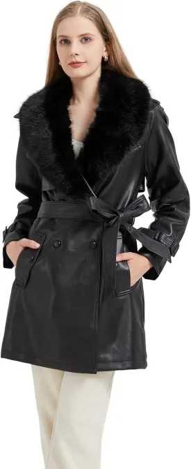 GRAN ORIENTE Women's Faux Leather Trench Coat Overcoat with Detachable Fur Collar,Winter Mid Length Pea Coat Belted Jacket