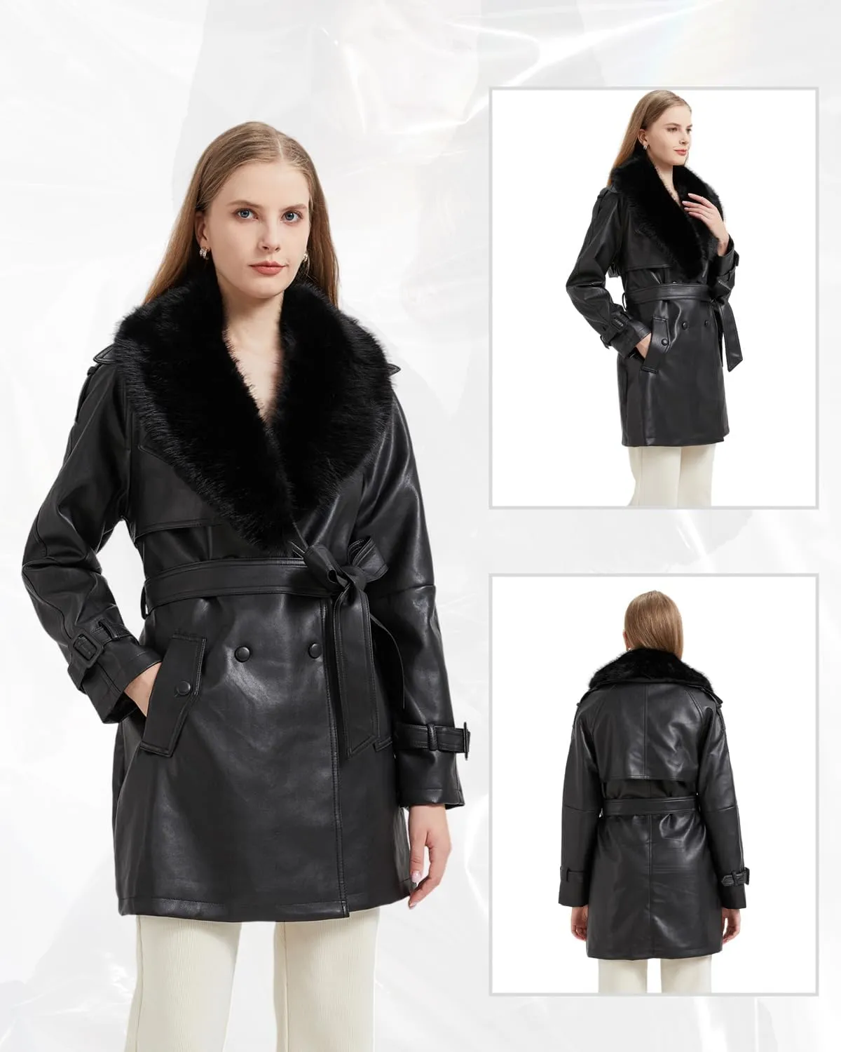 GRAN ORIENTE Women's Faux Leather Trench Coat Overcoat with Detachable Fur Collar,Winter Mid Length Pea Coat Belted Jacket