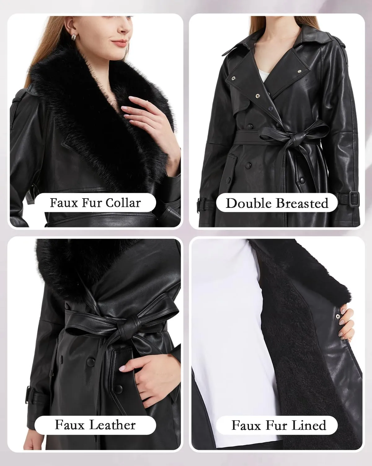 GRAN ORIENTE Women's Faux Leather Trench Coat Overcoat with Detachable Fur Collar,Winter Mid Length Pea Coat Belted Jacket