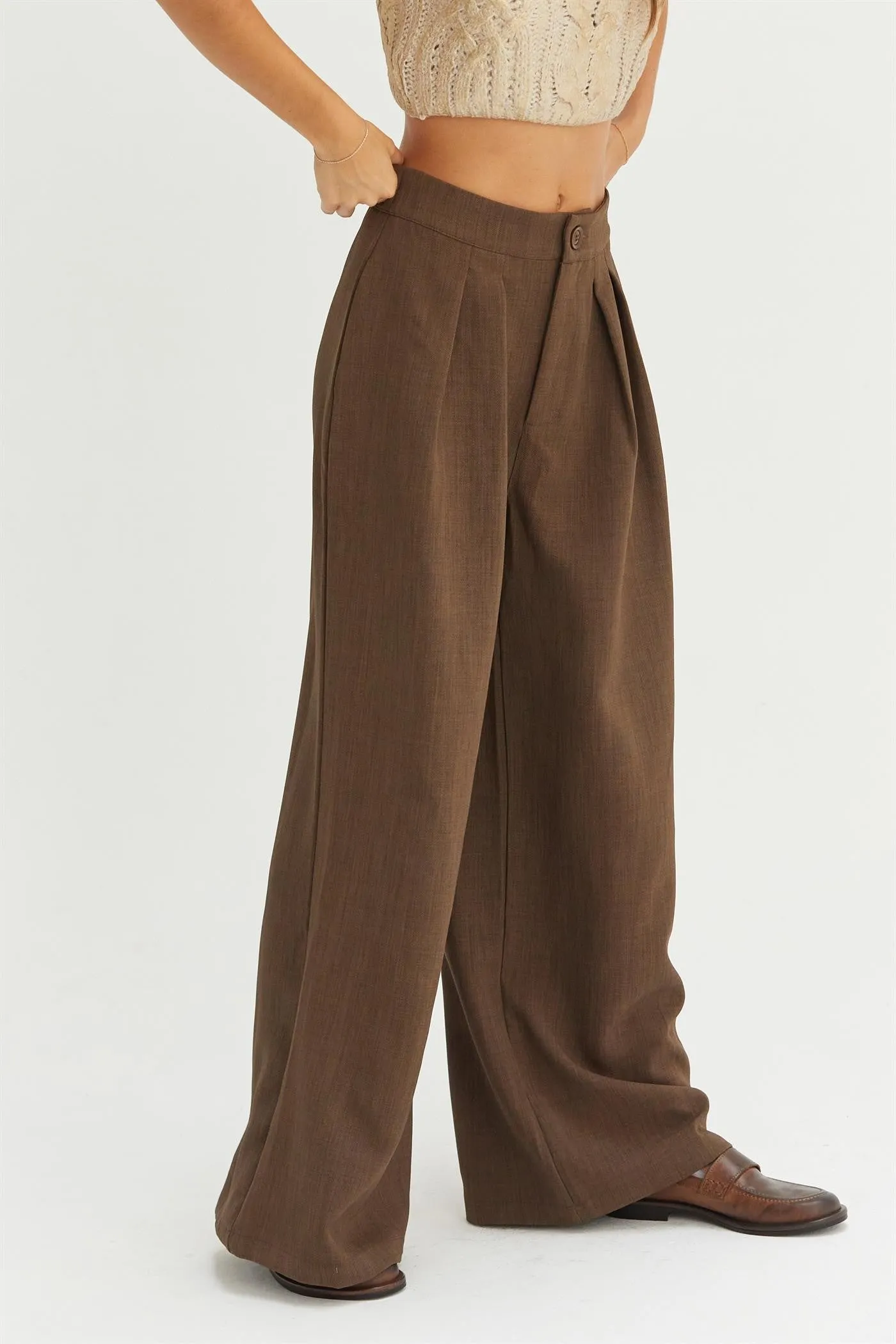 high waist wide leg pleated trousers