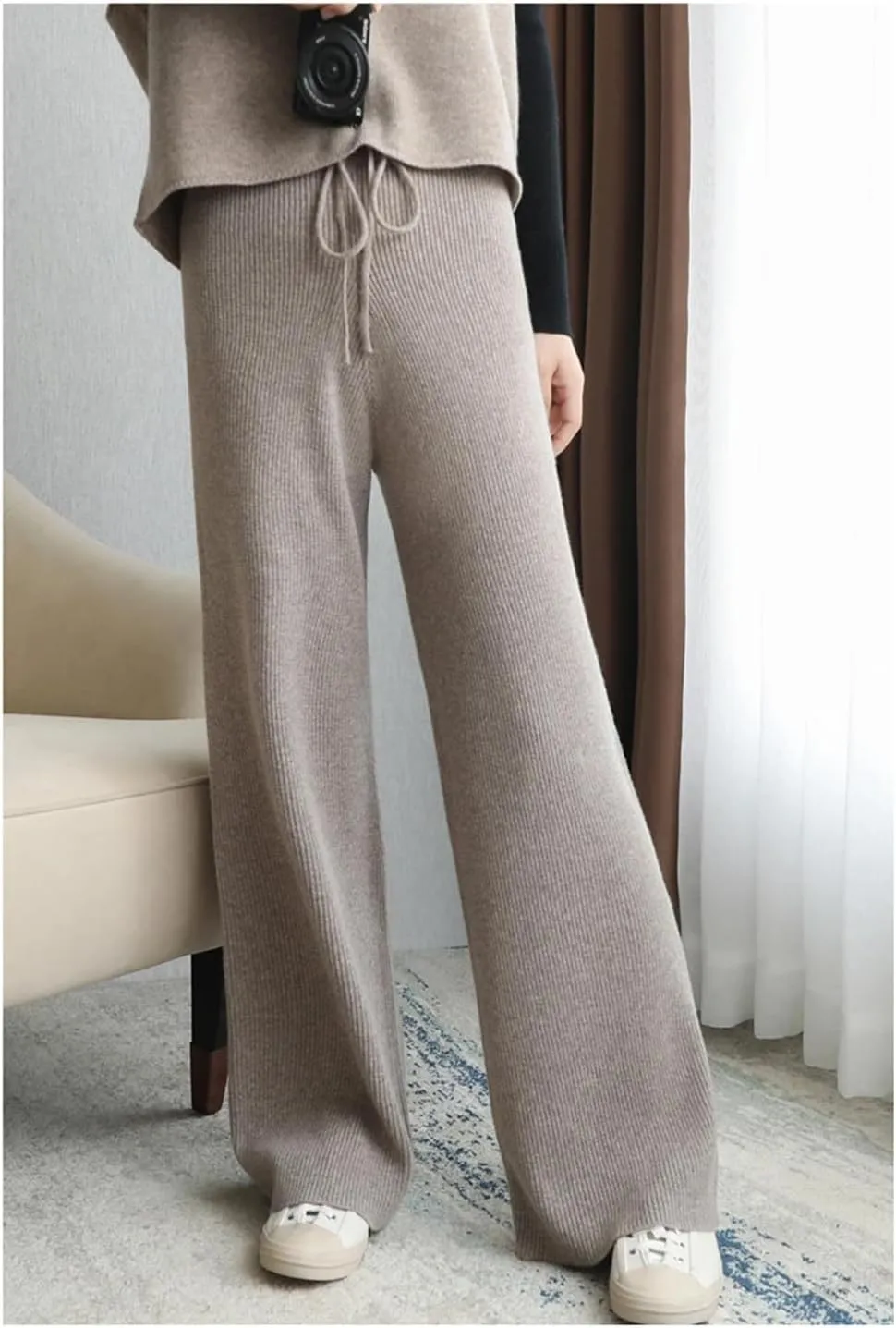 Hndudnff Women Wool Knitted Wide Leg Pants Winter Casual Loose Ribs Soft Floor Length Trousers