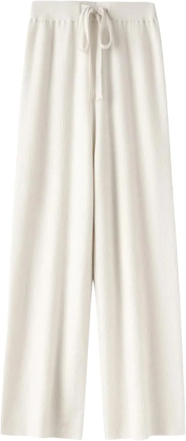 Hndudnff Women Wool Knitted Wide Leg Pants Winter Casual Loose Ribs Soft Floor Length Trousers