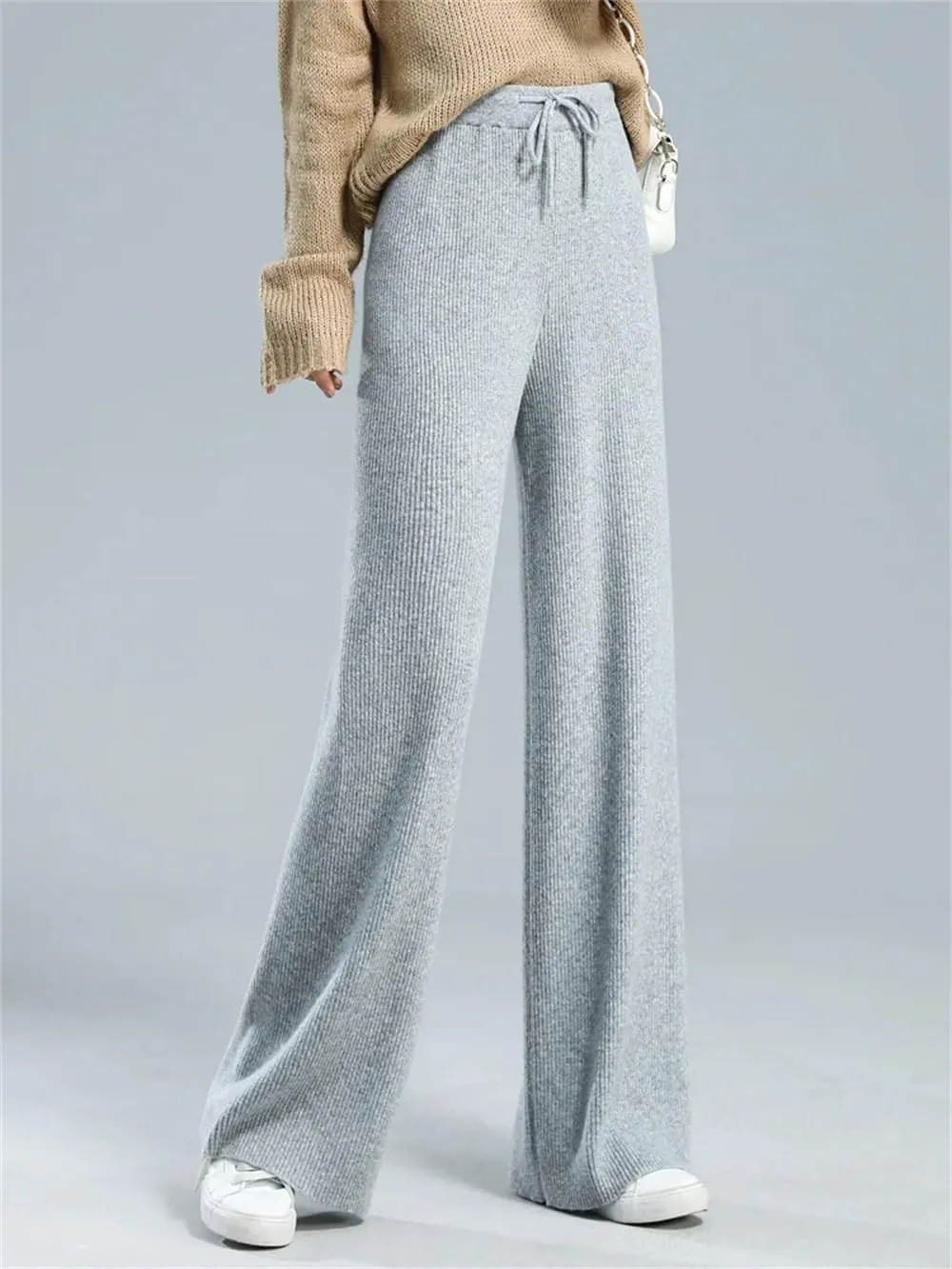 Hndudnff Women Wool Knitted Wide Leg Pants Winter Casual Loose Ribs Soft Floor Length Trousers