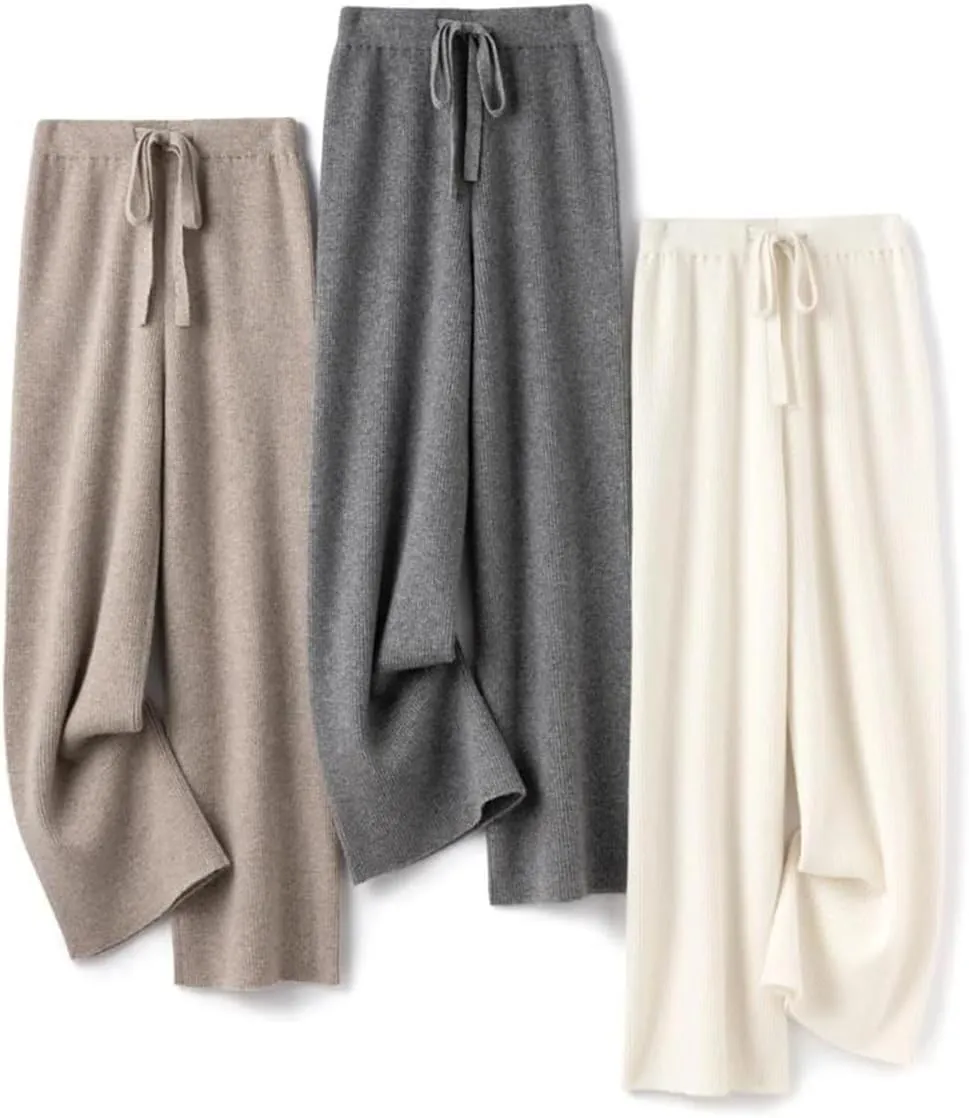 Hndudnff Women Wool Knitted Wide Leg Pants Winter Casual Loose Ribs Soft Floor Length Trousers