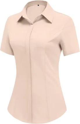 HOTOUCH Women Short Sleeve Button Down Shirts Business Work Fitted Collared Blouse Office Basic 2025 Summer Tops S-2XL