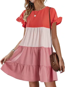 Imysty Womens Boho Floral Ruffle Sleeve Babydoll Loose Flowy Casual Summer Pleated Mini Dress