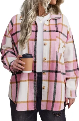 IN'VOLAND Women's Plus Size Plaid Shacket Long Sleeve Button Down Flannel Shirts Casual Jacket Coats