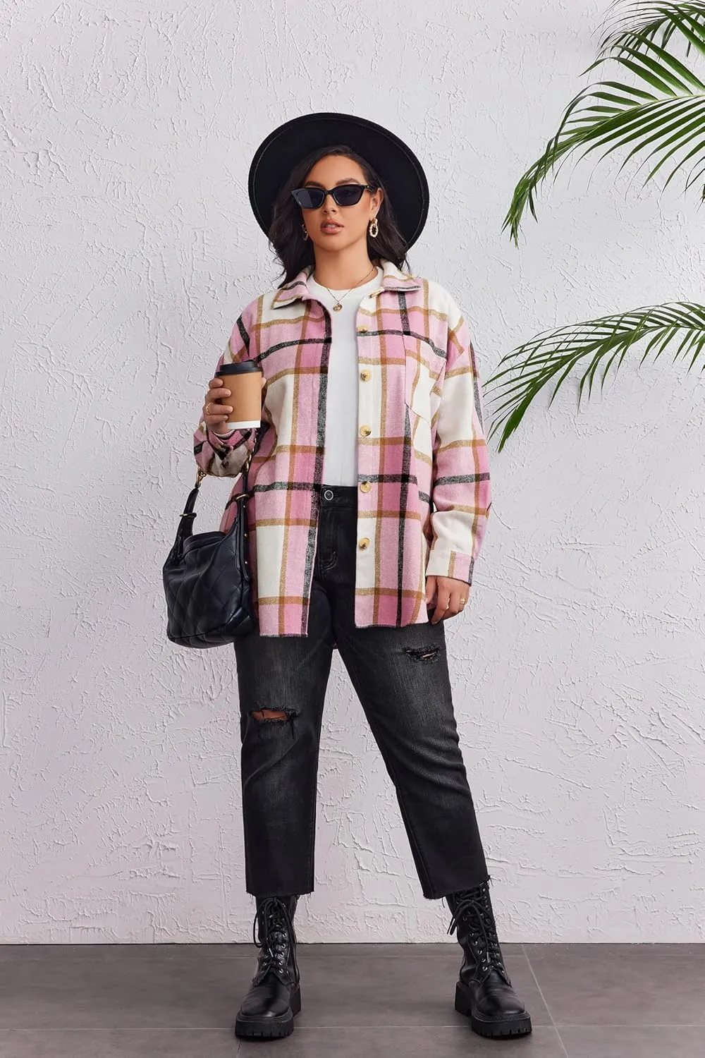 IN'VOLAND Women's Plus Size Plaid Shacket Long Sleeve Button Down Flannel Shirts Casual Jacket Coats