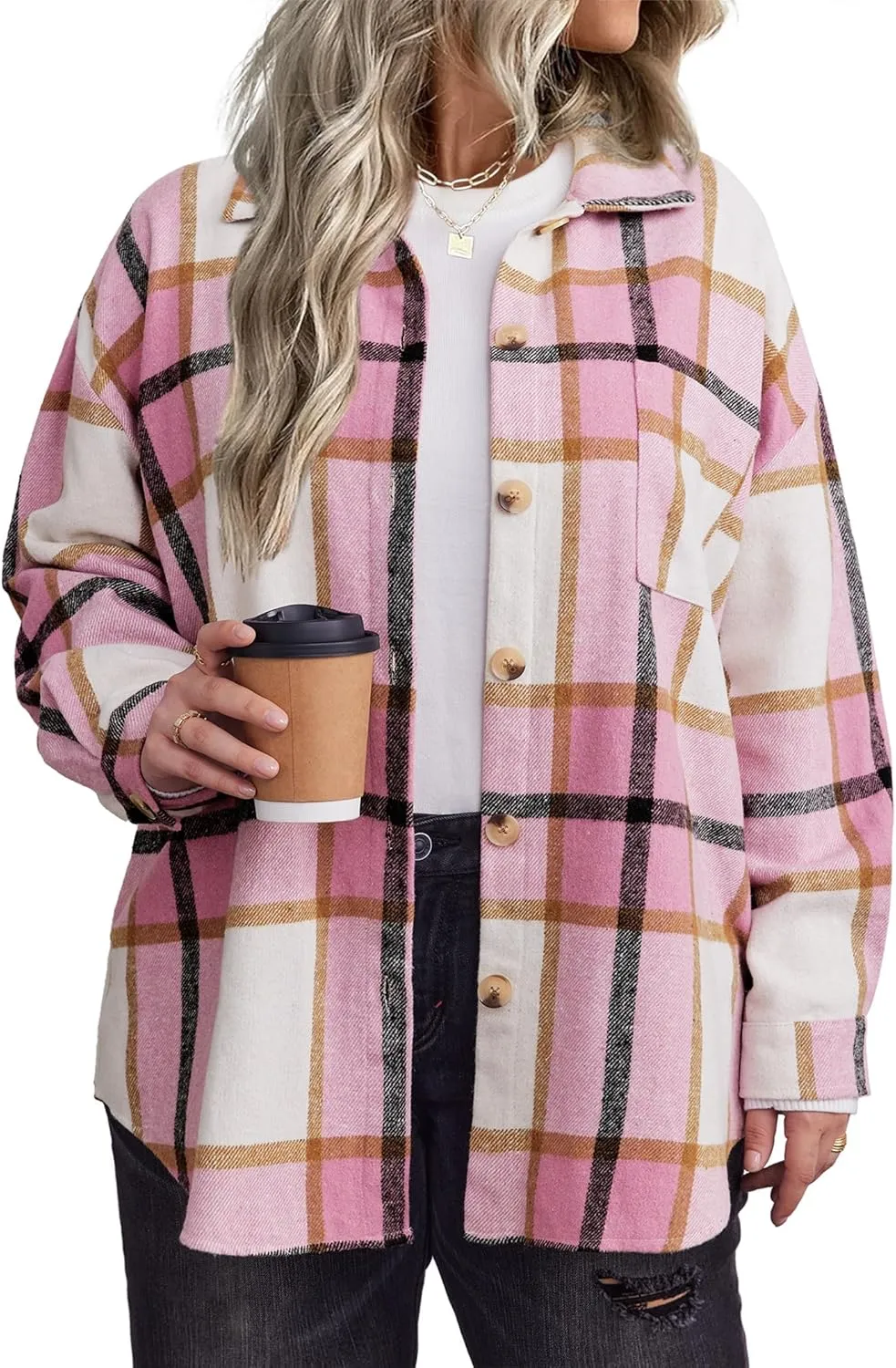 IN'VOLAND Women's Plus Size Plaid Shacket Long Sleeve Button Down Flannel Shirts Casual Jacket Coats