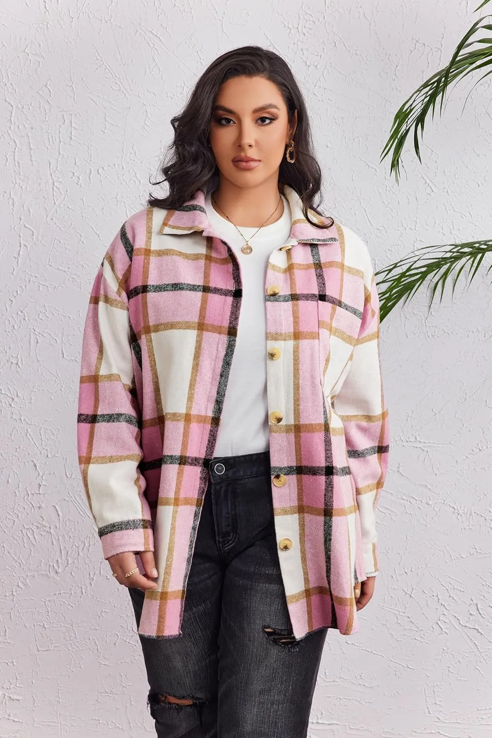 IN'VOLAND Women's Plus Size Plaid Shacket Long Sleeve Button Down Flannel Shirts Casual Jacket Coats