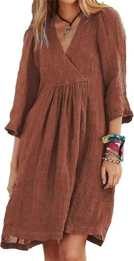 IVERIRMIN Women's Summer Cotton Linen Dress Casual 3/4 Sleeve Knee Length Ruched Dresses V-Neck A-line Dresses for Women