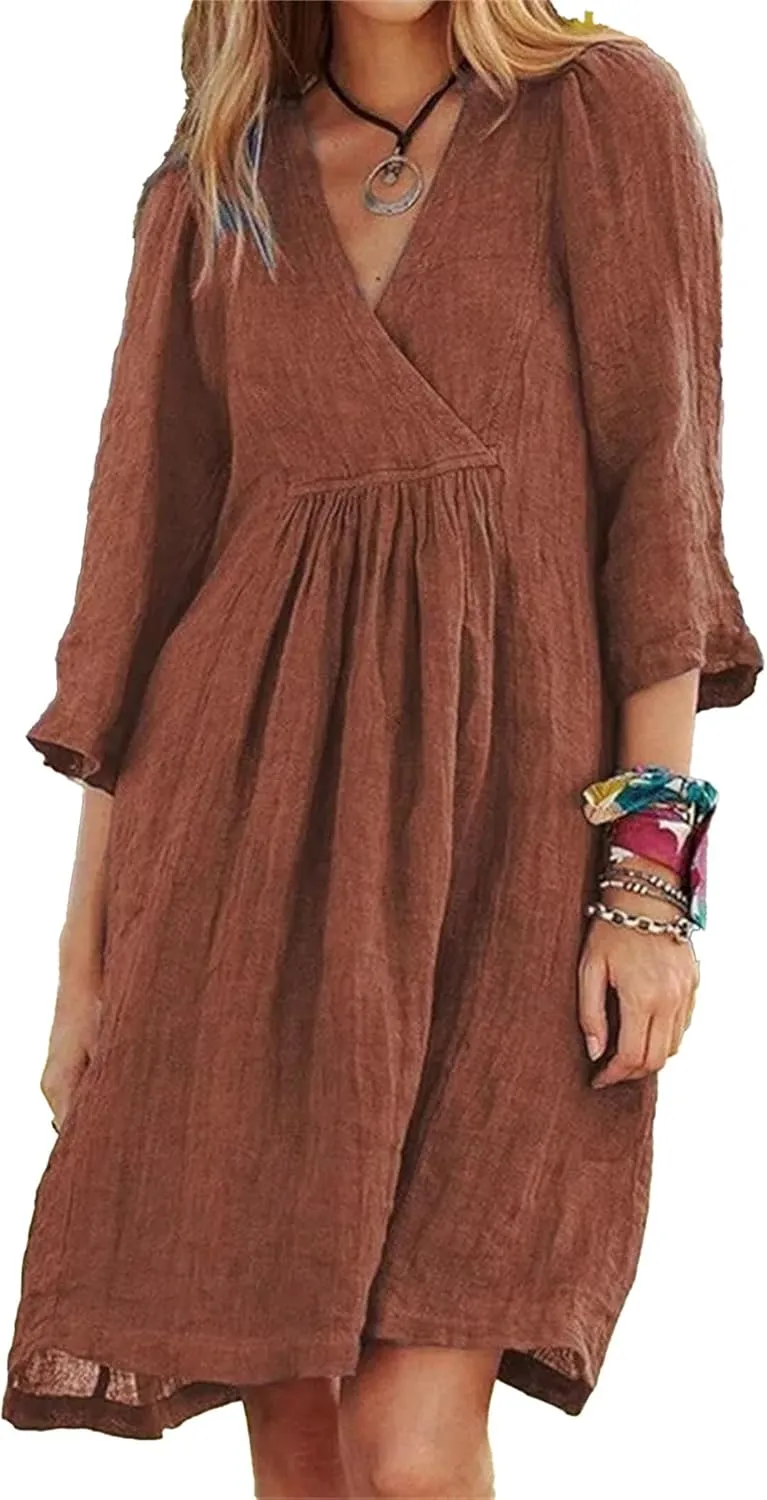 IVERIRMIN Women's Summer Cotton Linen Dress Casual 3/4 Sleeve Knee Length Ruched Dresses V-Neck A-line Dresses for Women