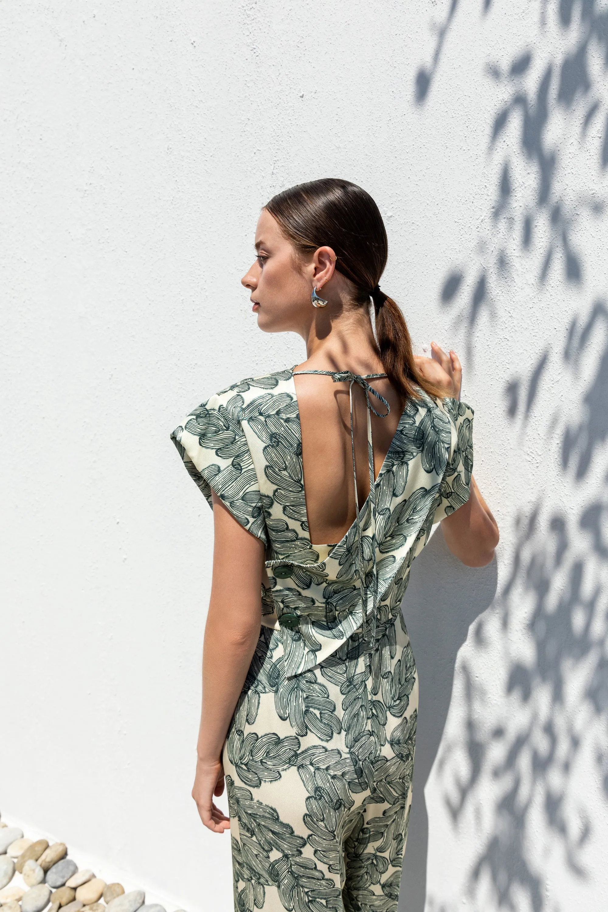 Kameya Green Botanic Print Wide Leg Jumpsuit