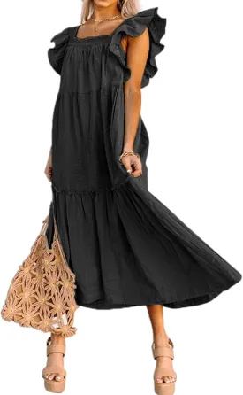 Kubbon Womens Summer Casual Off Shoulder Maxi Dress Puff Sleeve Smocked Ruffle Dresses Pleated Hem Long Dress