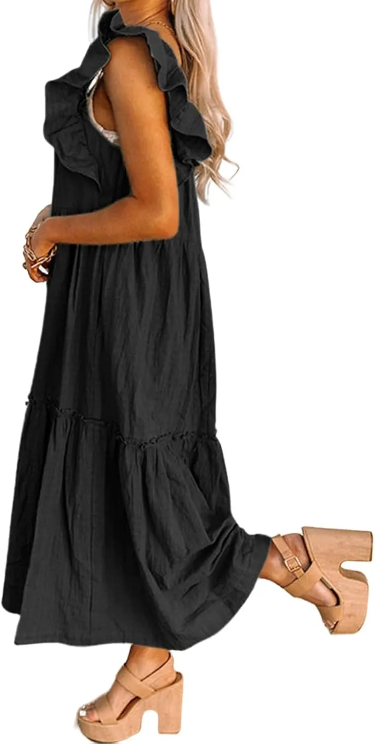 Kubbon Womens Summer Casual Off Shoulder Maxi Dress Puff Sleeve Smocked Ruffle Dresses Pleated Hem Long Dress