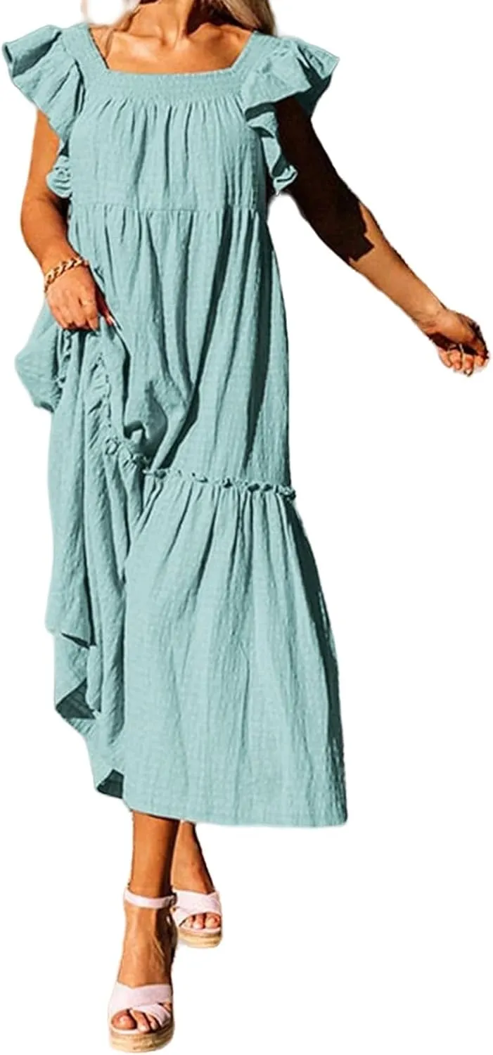 Kubbon Womens Summer Casual Off Shoulder Maxi Dress Puff Sleeve Smocked Ruffle Dresses Pleated Hem Long Dress
