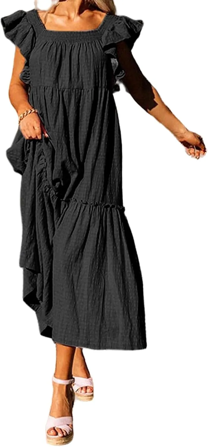 Kubbon Womens Summer Casual Off Shoulder Maxi Dress Puff Sleeve Smocked Ruffle Dresses Pleated Hem Long Dress
