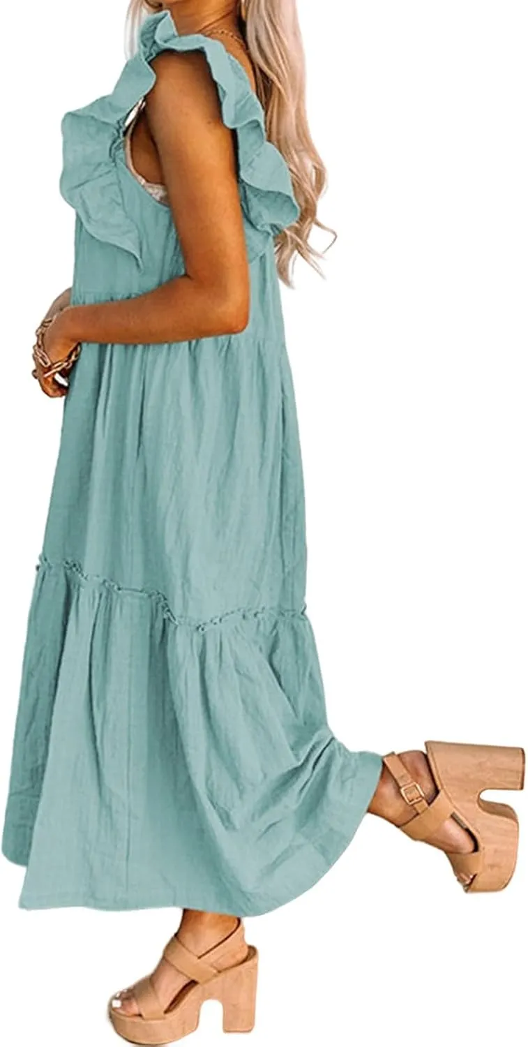 Kubbon Womens Summer Casual Off Shoulder Maxi Dress Puff Sleeve Smocked Ruffle Dresses Pleated Hem Long Dress