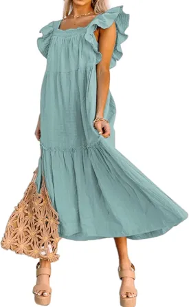 Kubbon Womens Summer Casual Off Shoulder Maxi Dress Puff Sleeve Smocked Ruffle Dresses Pleated Hem Long Dress