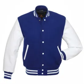 Ladies Varsity Jacket Blue Body and White Leather Sleeves Varsity Jacket