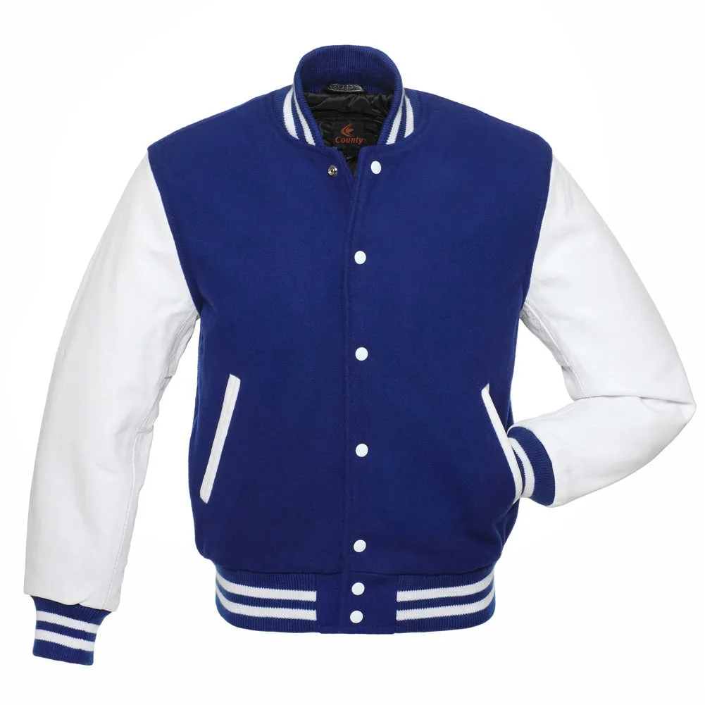 Ladies Varsity Jacket Blue Body and White Leather Sleeves Varsity Jacket
