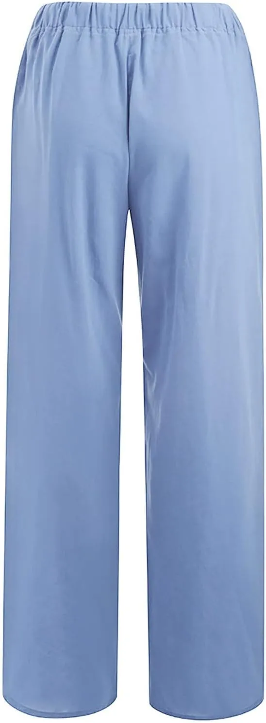 Linen Pants for Women Drawstring Elastic Waist Wide Leg Pant Summer Breathable Solid Boho Flowy Beach Pant Trousers
