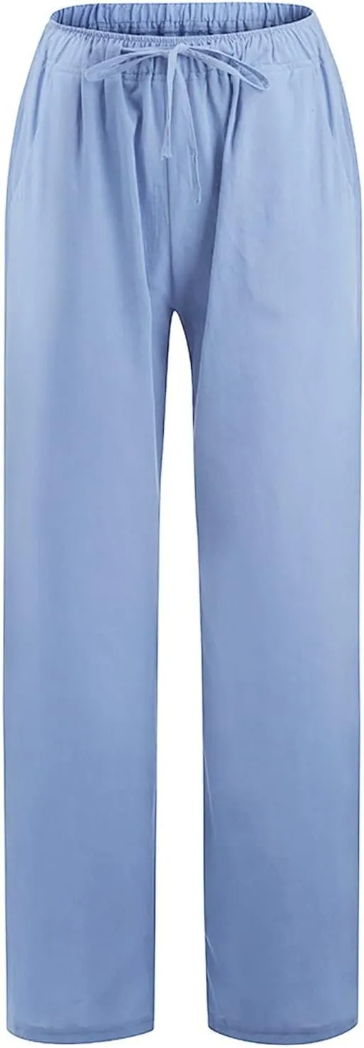Linen Pants for Women Drawstring Elastic Waist Wide Leg Pant Summer Breathable Solid Boho Flowy Beach Pant Trousers