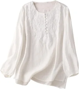 Long Sleeve Cotton Linen Shirts for Women Dressy Casual Button Down Embroidered Tops Loose Comfy Fall Blouses