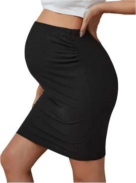 MakeMeChic Women's Stretch High Waist Midi Maternity Pencil Skirt Pregnancy Skirts