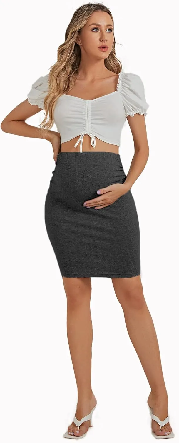 MakeMeChic Women's Stretch High Waist Midi Maternity Pencil Skirt Pregnancy Skirts