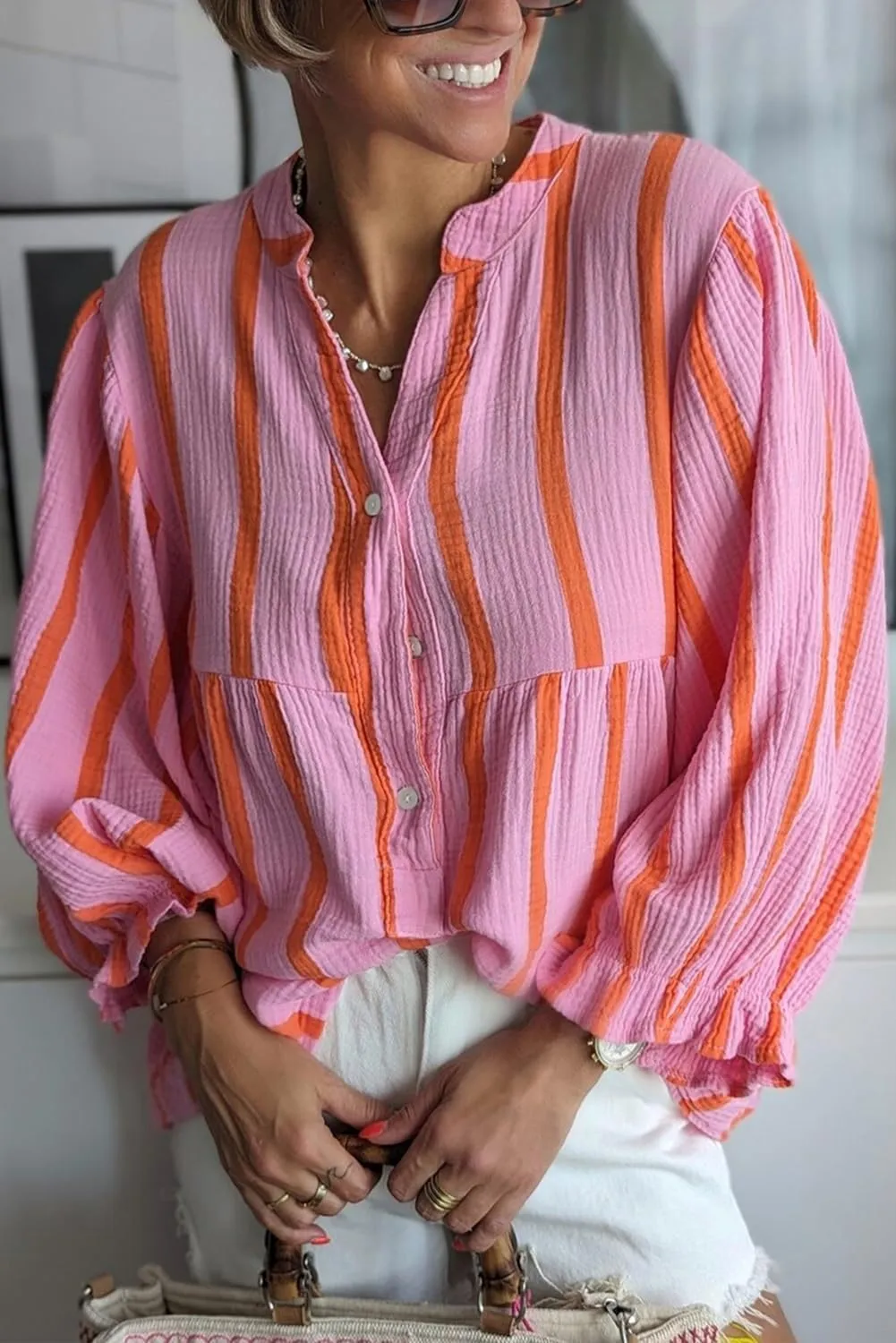Maketina Women's Casual V Neck Striped Puff Sleeve Blouses Cotton Cute Loose Fit Flowy Button Down Shirts