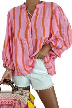 Maketina Women's Casual V Neck Striped Puff Sleeve Blouses Cotton Cute Loose Fit Flowy Button Down Shirts