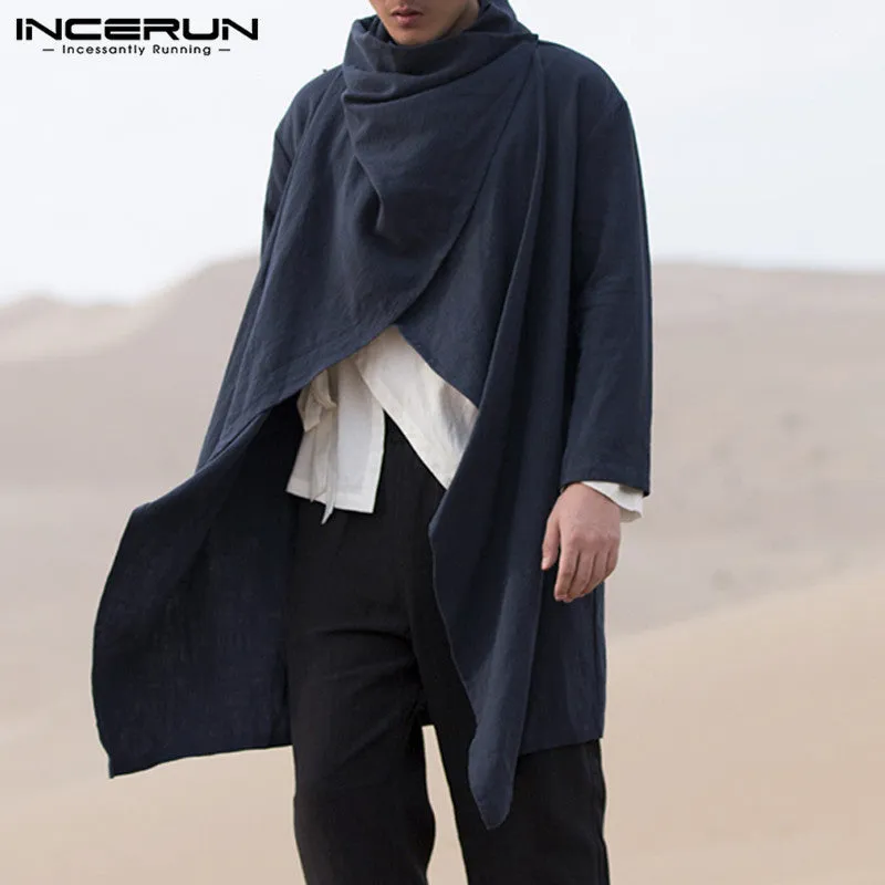 Men Coats Long Sleeve Scarf Collar Trench Ponchos Cotton Outwear Solid Cloak Vintage Irregular Jackets Men Streetwear