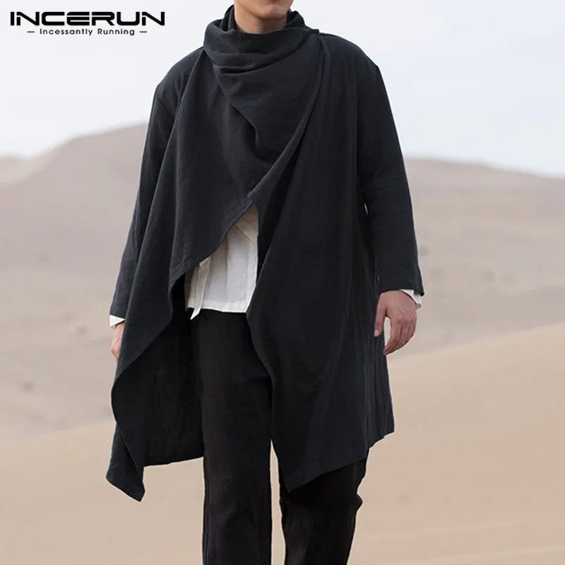 Men Coats Long Sleeve Scarf Collar Trench Ponchos Cotton Outwear Solid Cloak Vintage Irregular Jackets Men Streetwear