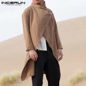 Men Coats Long Sleeve Scarf Collar Trench Ponchos Cotton Outwear Solid Cloak Vintage Irregular Jackets Men Streetwear