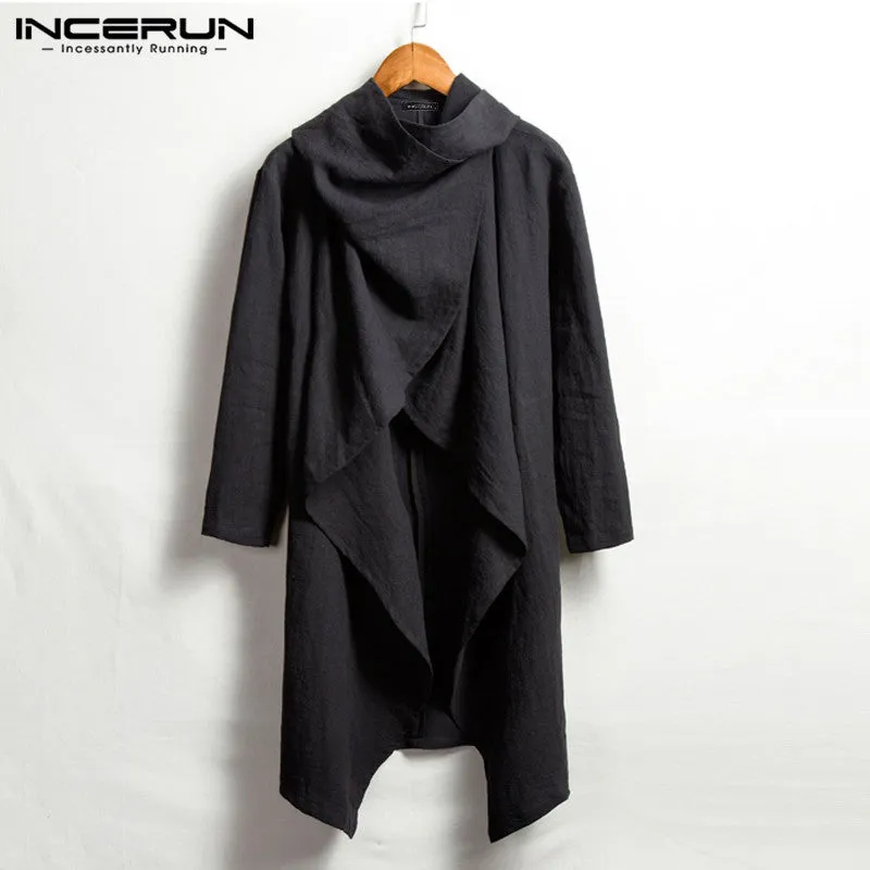 Men Coats Long Sleeve Scarf Collar Trench Ponchos Cotton Outwear Solid Cloak Vintage Irregular Jackets Men Streetwear