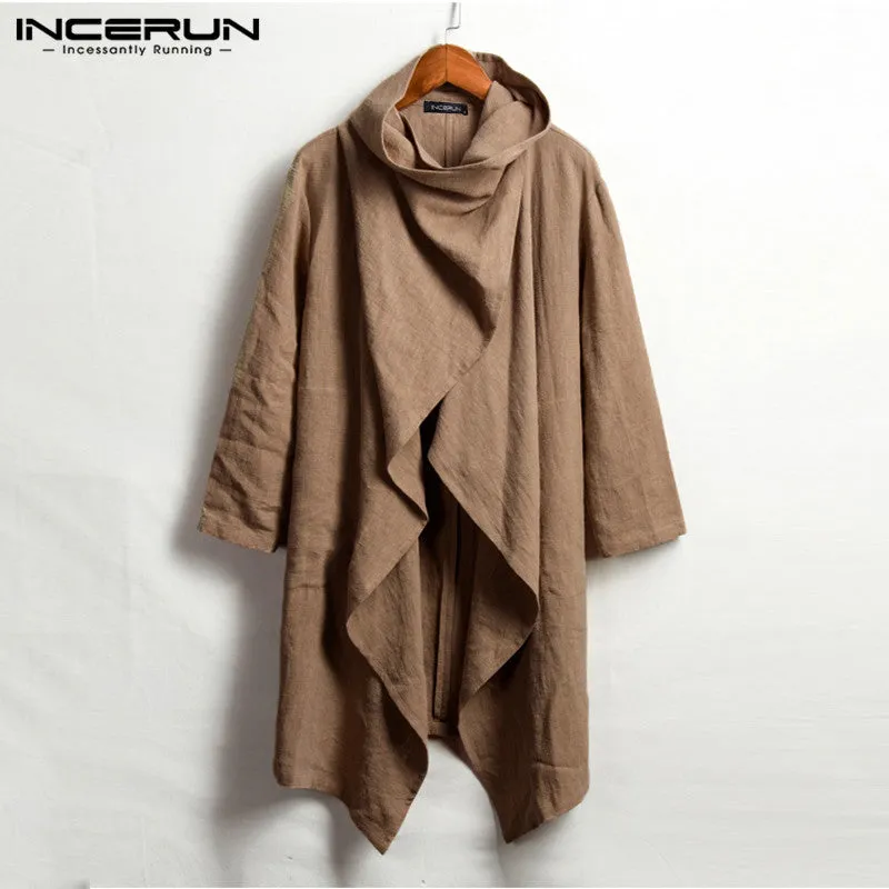 Men Coats Long Sleeve Scarf Collar Trench Ponchos Cotton Outwear Solid Cloak Vintage Irregular Jackets Men Streetwear