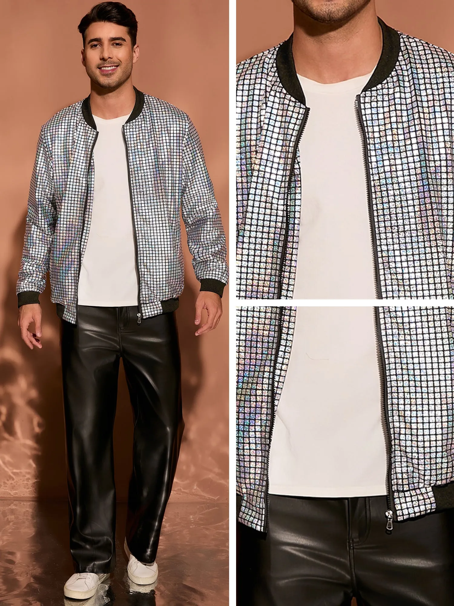 Men's Holographic Varsity Full Zip Up Party Shiny Metallic Bomber Jackets