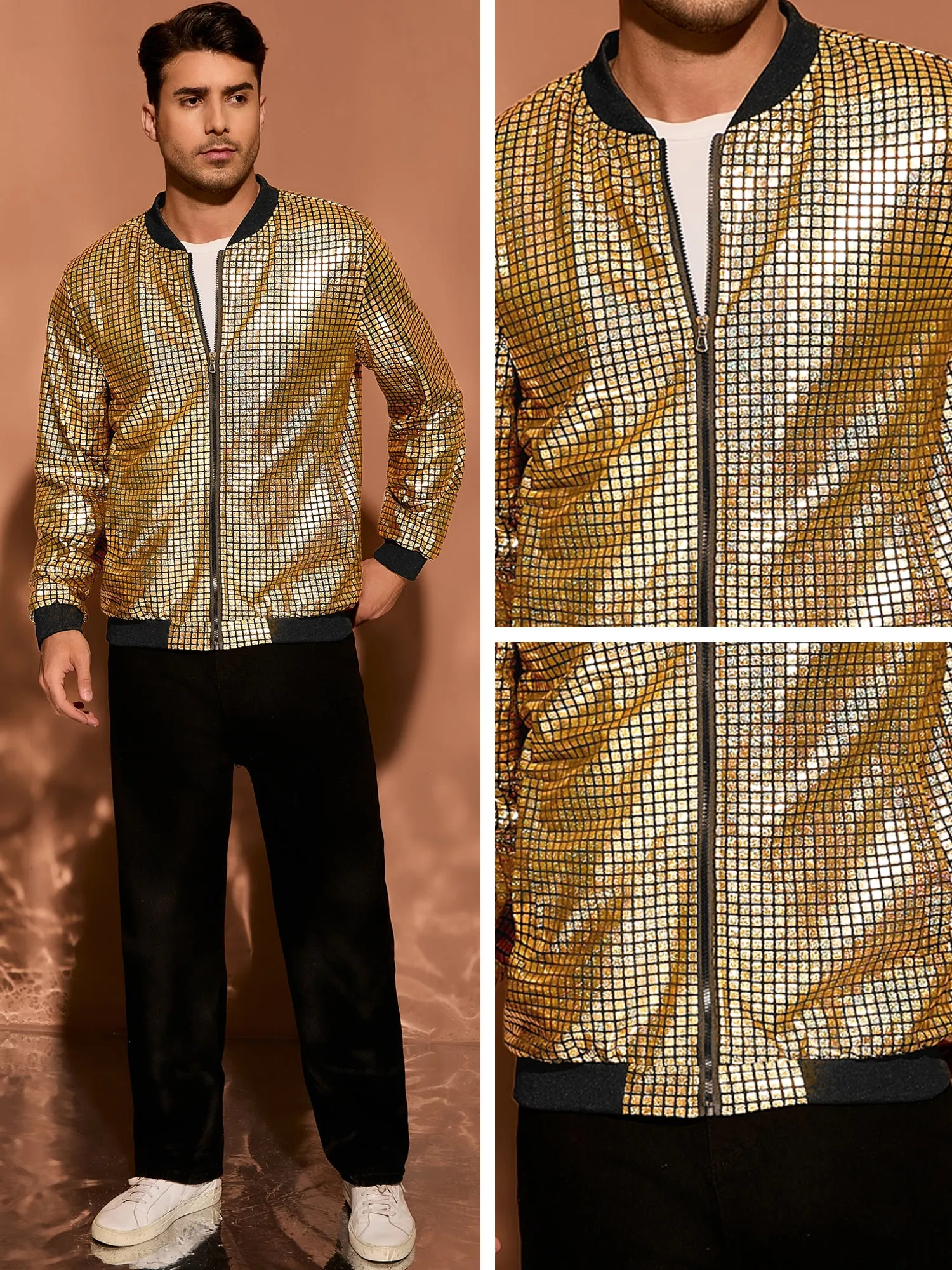 Men's Holographic Varsity Full Zip Up Party Shiny Metallic Bomber Jackets