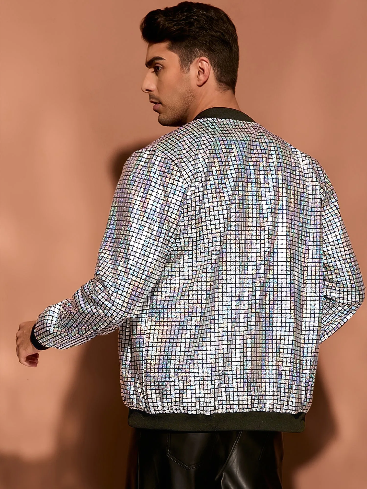 Men's Holographic Varsity Full Zip Up Party Shiny Metallic Bomber Jackets