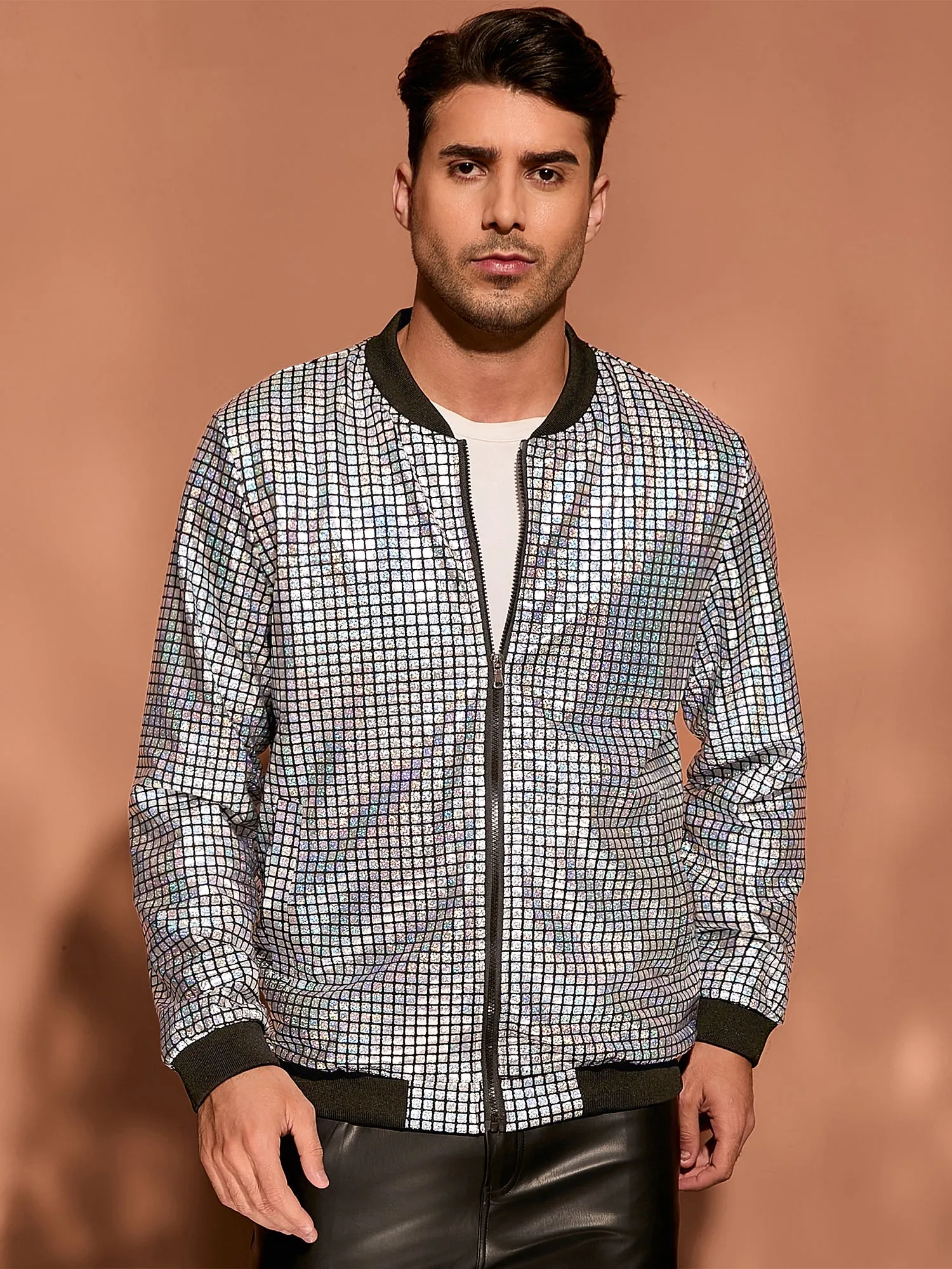 Men's Holographic Varsity Full Zip Up Party Shiny Metallic Bomber Jackets