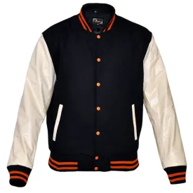 Mens Navy/White Lightweight Wool with Real Leather Premium Varsity Letterman Jacket