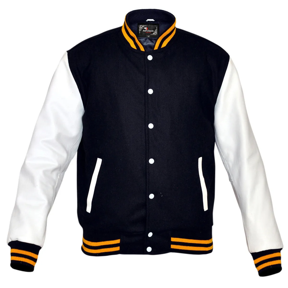 Mens Navy/White Lightweight Wool with Real Leather Premium Varsity Letterman Jacket